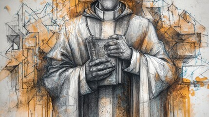 Artistic Representation of a Traditional Cleric Holding a Book Surrounded by Abstract Shapes and Textures in Warm Tones