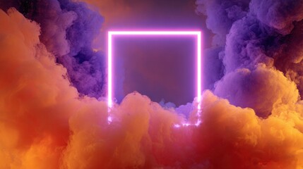 Vibrant Neon Frame Surrounded by Colorful Smoke Clouds in a Dreamlike Atmosphere with Shades of Purple and Orange