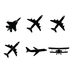 Collection of six diverse aircraft silhouettes featuring fighter jets commercial planes and biplanes silhouette © BIPUL