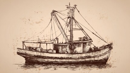 Vintage Fishing Boat Drawing with Detailed Lines and Rustic Texture, Ideal for Nautical Art and Marine Industry Illustrations
