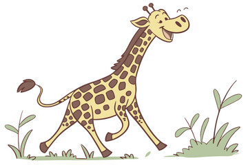 Fototapeta premium Happy Giraffe Cartoon Character Walking in Grassy Landscape, on White Background