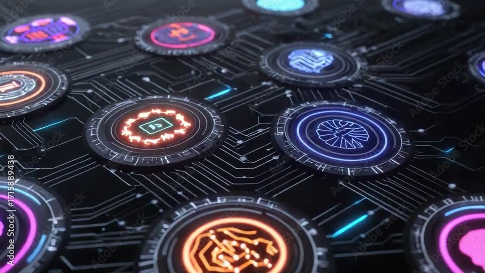 Poster a vibrant digital representation of technology symbols showcasing innovation, creativity, and advanc