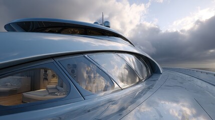 Sleek modern yacht with panoramic windows showcasing luxurious interior design against a dramatic cloudy sky over calm ocean waters