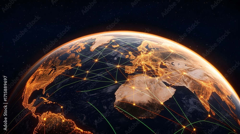 Poster the image portrays a digital representation of the earth, illuminated with a network of connecting l