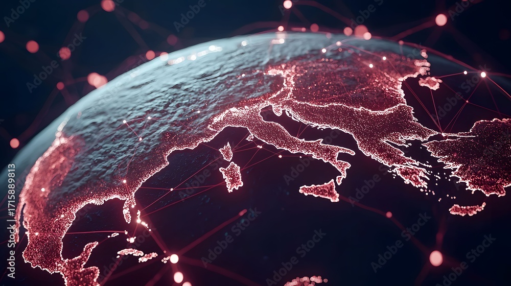 Poster the image showcases a digitalized globe with vibrant red illuminated continents connected by a netwo