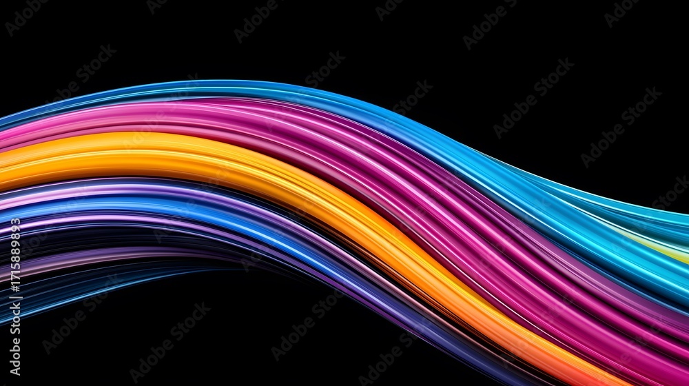 Poster the image shows a vibrant, abstract, flowing arrangement of parallel, colorful bands that curve dyna