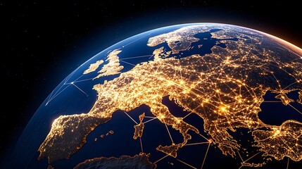 Naklejka premium This artistic rendition presents Earth at night, highlighting Europe and its interconnected network through illuminated cities and overlaid data connection lines in a cinematic style.
