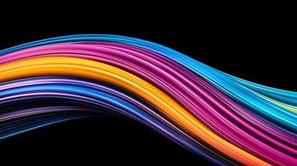 The image shows a vibrant, abstract, flowing arrangement of parallel, colorful bands that curve dynamically over a stark black background, creating a visually arresting contrast.