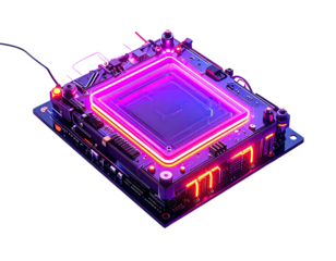 High-tech circuit board with glowing neon accents and digital display