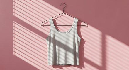 White tank top hangs on a hanger against a pink wall, casting shadows from window blinds, creating a minimalistic and serene aesthetic.