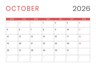 Monthly page Calendar Planner Template design of October 2026. Vector layout of calendar with week start Monday for Scheduling. Page for size A4 or 21x29.7 cm