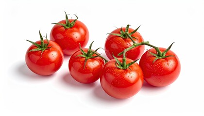 Six Ripe Red Tomatoes with Green Stems on White Background