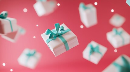Festive Present: Presents gracefully levitate against a playful red background, creating an alluring atmosphere filled with gift-giving anticipation.