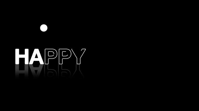 animated jumping or bouncing ball of  happy holiday text word lettering typography glow neon reveal, Bright letters jump in the inscription theme video,motion seamless loop white type on black bg  
