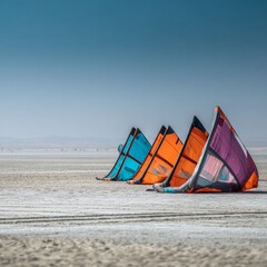 Colorful Kites on Sandy Beach with Clear Blue Sky Background