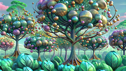 Naklejka premium Big trees of pleasant colors with leaves like cotton and colored pearls and diamonds growing on it