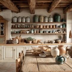 Fototapeta premium Cozy rustic kitchen with wooden table and vintage jars on shelves