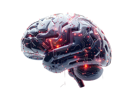 3D model of a futuristic brain with glowing circuits
