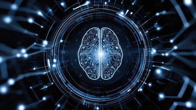 A futuristic representation of a human brain interlinked with digital circuits