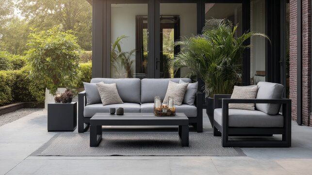 Contemporary outdoor seating set composed of a sofa, armchairs, and a coffee table, featuring gray upholstery and dark gray metal frames, creating a stylish and inviting patio arrangement.