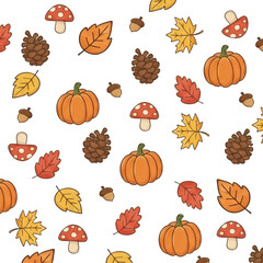 Autumn seamless pattern with pumpkins, leaves, pinecones and mushrooms