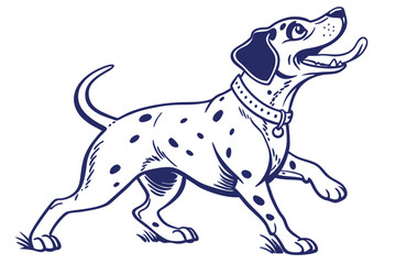 of Dalmatian Dog with Collar on White Background, Outline Style