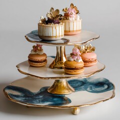 Elegant Three-Tier Cake Stand with Decorated Pastries and Flowers