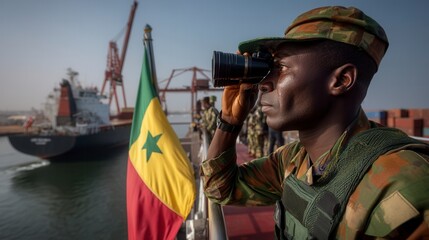 Focused african male soldier using binoculars for surveillance at naval port with senegalese flag and military ships in maritime security operation