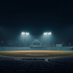 Empty Baseball Stadium Under Bright Lights at Night with Fog