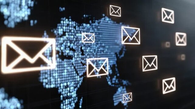 A digital representation of global communication through email, featuring illuminated envelope icons over a world map background, symbolizing connectivity and information exchange.
