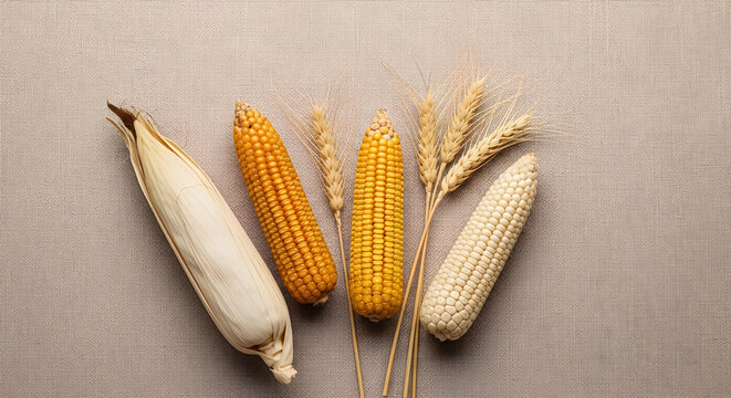 Harvest Bounty: Assortment of dried corn cobs and wheat stalks on a rustic textured background
