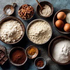 Assorted Baking Ingredients arranged on a Textured Blue Background