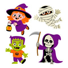 Halloween kids collection, little witch with bucket, wrapped mummy, green monster boy, cute reaper skeleton, cartoon vector illustration
