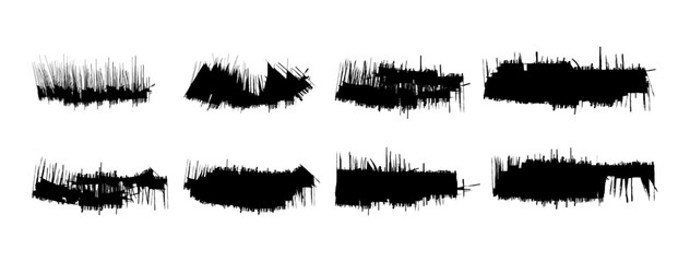 Set of black grunge ink brush strokes isolated on white background, perfect for design, posters, backgrounds, textures, and creative art projects.