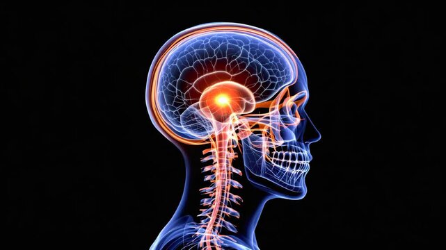 Anatomical Side View of Human Skull with Detailed Brain Convolutions and Thalamus