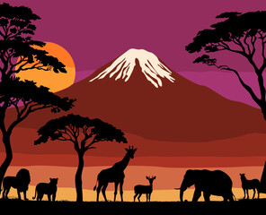 Fototapeta premium Beautiful African safari landscape with Kilimanjaro, wild animals, and tree silhouettes. Colorful flat vector illustration in dramatic red and purple palette, perfect for travel and nature designs
