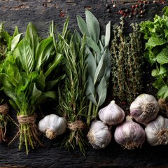 Fresh Herbs and Garlic Arrangement on Dark Wooden Background