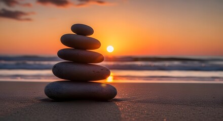 Sunset Beach Meditation Stacked Stones Ocean View Tranquil Scene