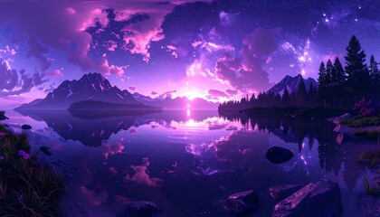 A serene lake scene at dawn, featuring a vibrant purple and pink sky reflected in the calm water, with majestic mountains and dark forest framing the vista.