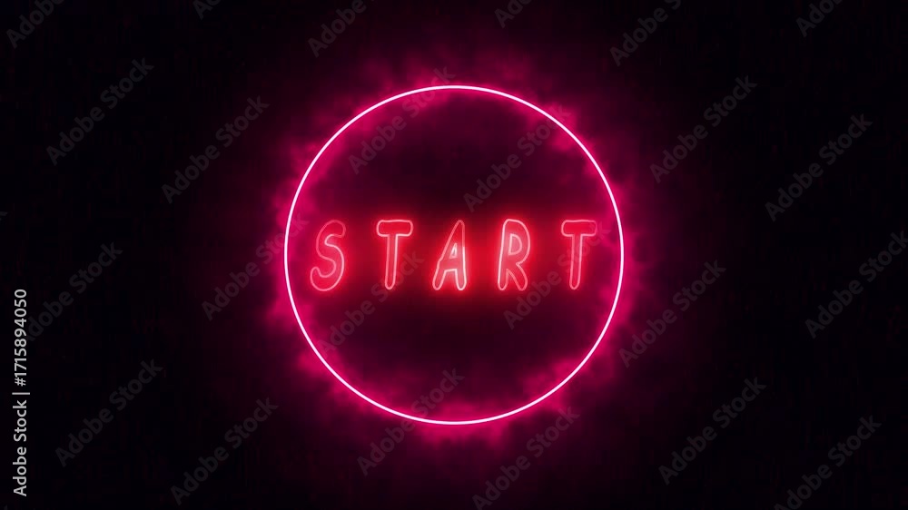 Poster animated glowing neon start sign. circular frame red dark background particle rain cinematic intro o