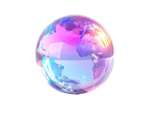A vibrant, translucent globe, appearing like a soap bubble, with a detailed map of Earth in hues of pink, purple, and blue