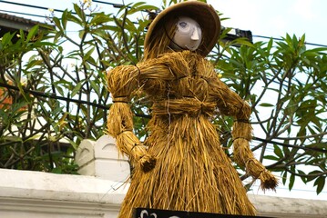 Scarecrow made from straw with hat, symbol of farming and rural lifestyle