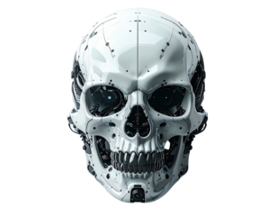 Futuristic white skull with intricate mechanical details
