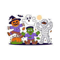 Halloween party scene, vampire with cape, happy ghost, mummy and green monster near pumpkins, bats flying, cartoon vector