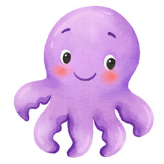 Cute purple octopus watercolor illustration. Adorable sea creature clipart for ocean-themed nursery decor and kids' crafts.