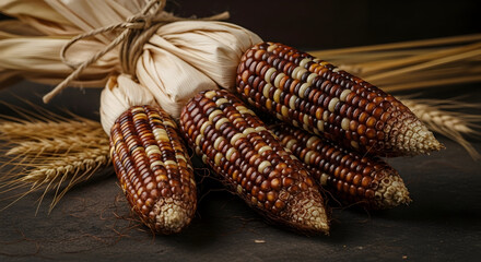 Colorful Dried Corn Cobs and Wheat: A Rustic Autumn Harvest Still Life