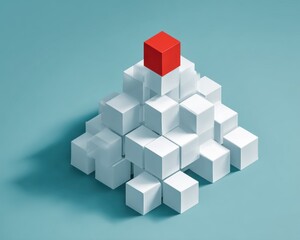 Striking Red Cube as Leader Supported by White Cubes in a Pyramid Layout on a Vibrant Turquoise Canvas