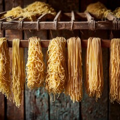 Freshly Made Pasta Hanging on Wooden Rack in Rustic Kitchen