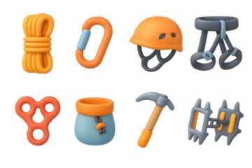 Colorful 3d icons of climbing gear essentials for outdoor adventures