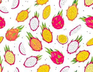 Vibrant dragon fruit slices pattern on white background